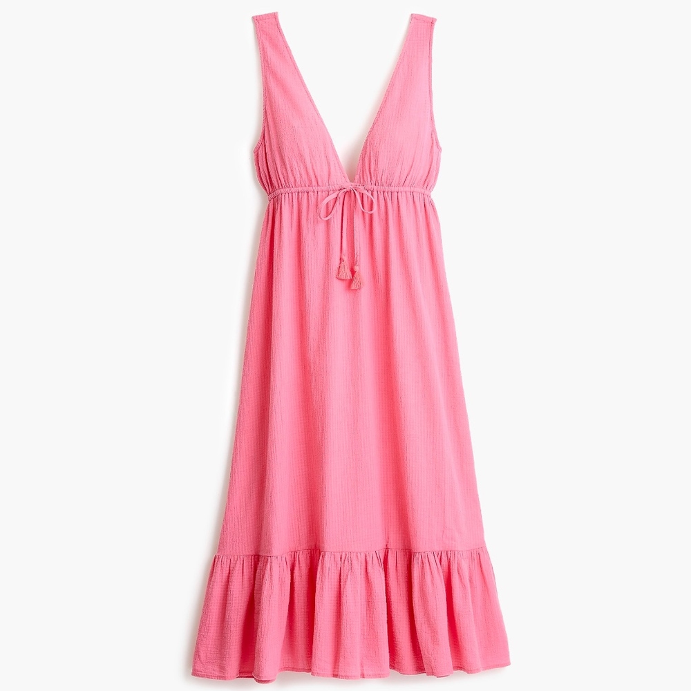 J CREW Deep V-Neck Midi Dress in Crinkle Cotton S